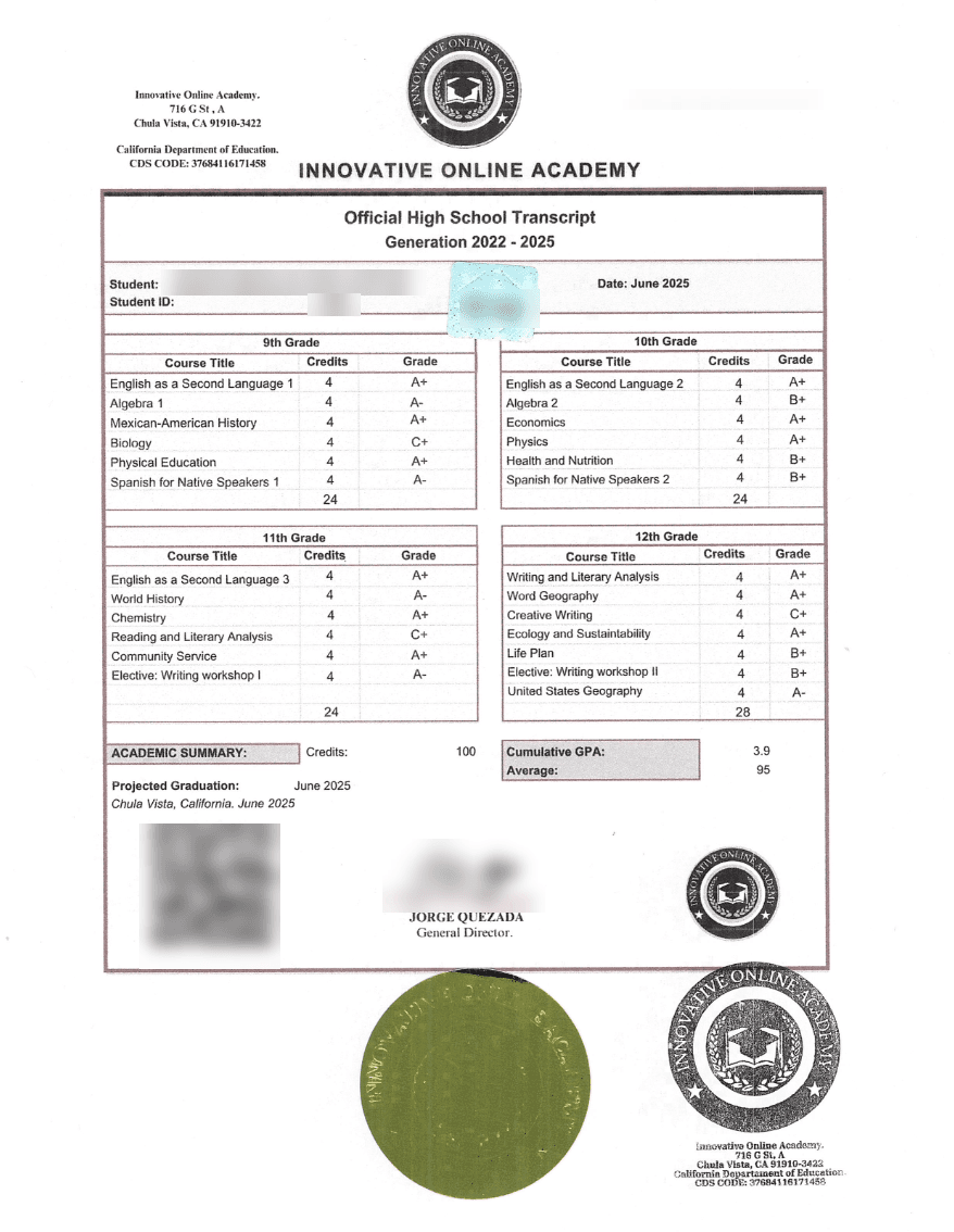 High School Transcript — documento de muestra con los datos personales difuminados